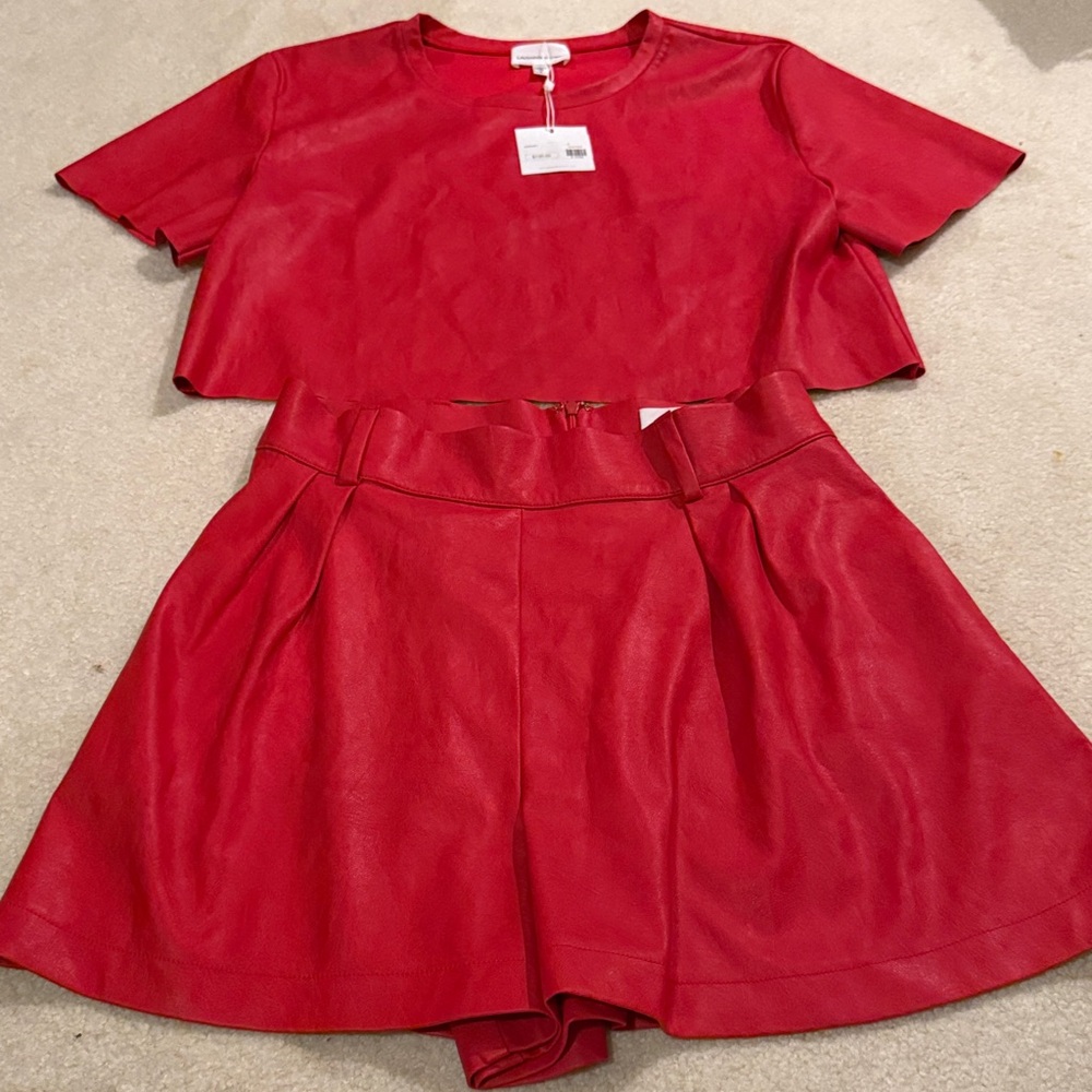 Lavender Brown Faux Leather Red Two-Piece Boxy Crop Top S & M Short set